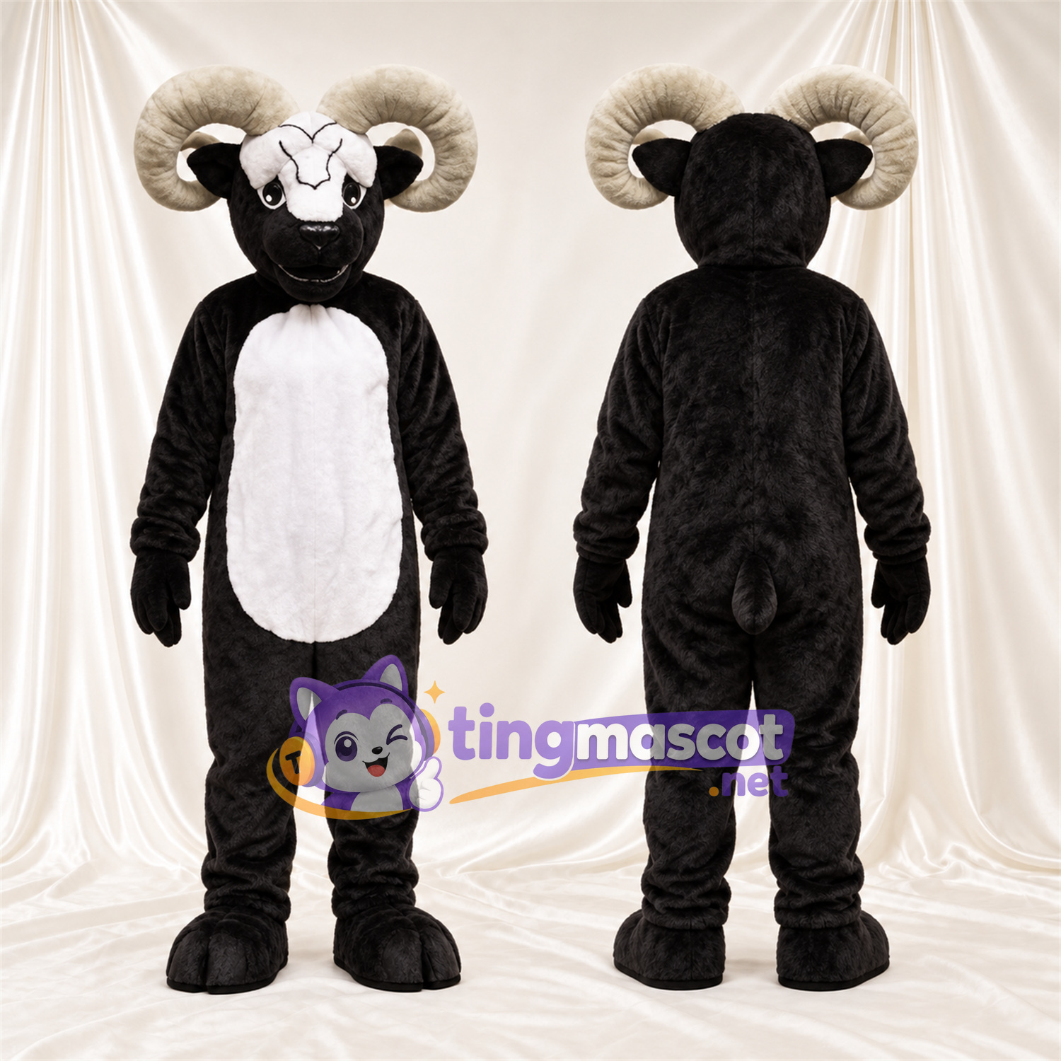 Black and White Ram Mascot Costume - White Belly and Black Hooves Black and White Ram Mascot Costume - White Belly and Black Hooves