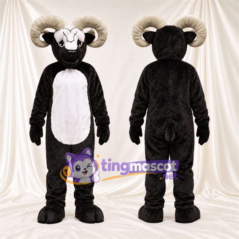 Black and White Ram Mascot Costume - White Belly and Black Hooves