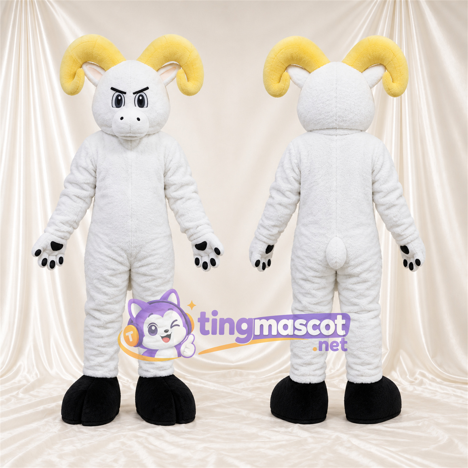 Costume de mascotte Bélier – blanc – Cornes (jaune); Coussinets (noir) Costume de mascotte Bélier – blanc – Cornes (jaune); Coussinets (noir)