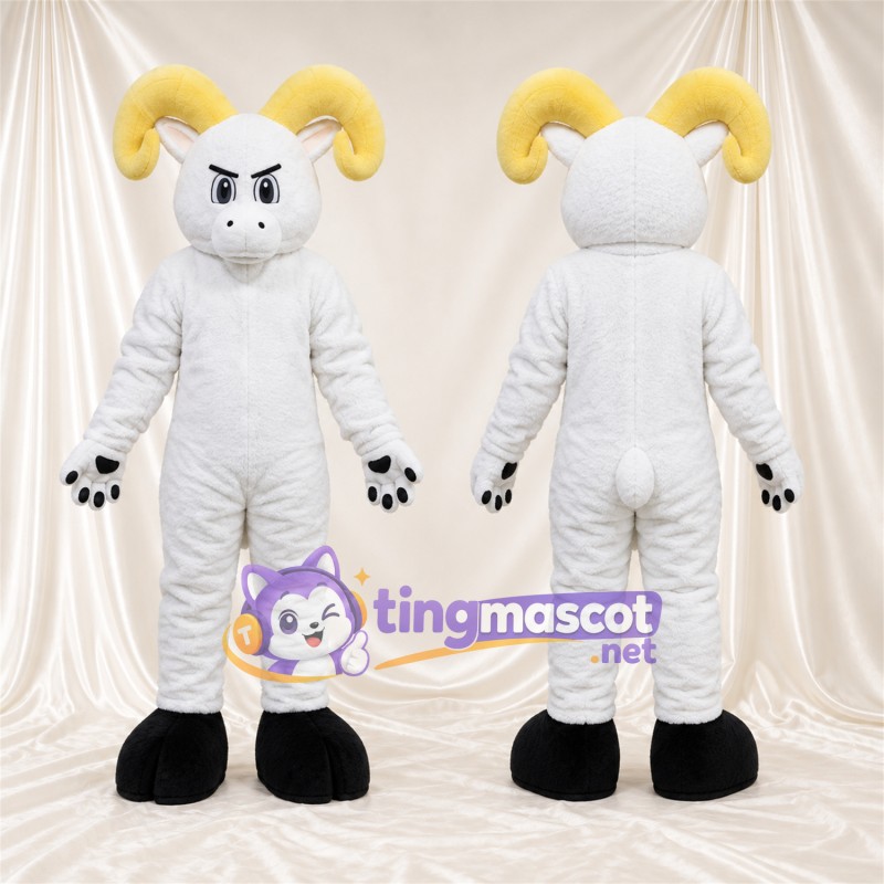 Costume de mascotte Bélier – blanc – Cornes (jaune); Coussinets (noir)