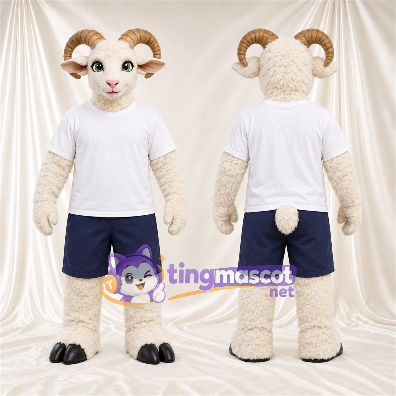 Costume de mascotte Bélier – crème – Chemise (blanc); Short (bleu marine) Costume de mascotte Bélier – crème – Chemise (blanc); Short (bleu marine)