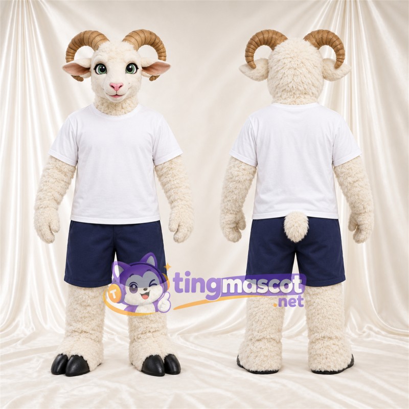 Costume de mascotte Bélier – crème – Chemise (blanc); Short (bleu marine)