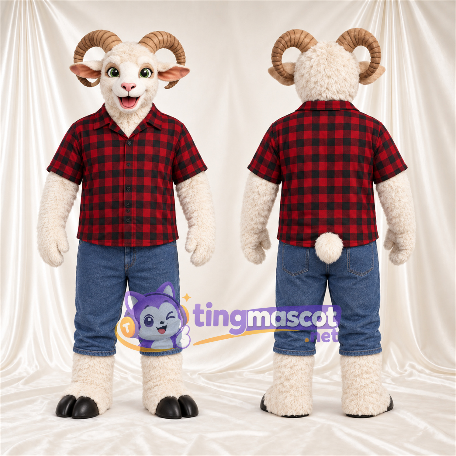 Costume de mascotte Bélier – blanc – Chemise; Pantalon (bleu) Costume de mascotte Bélier – blanc – Chemise; Pantalon (bleu)