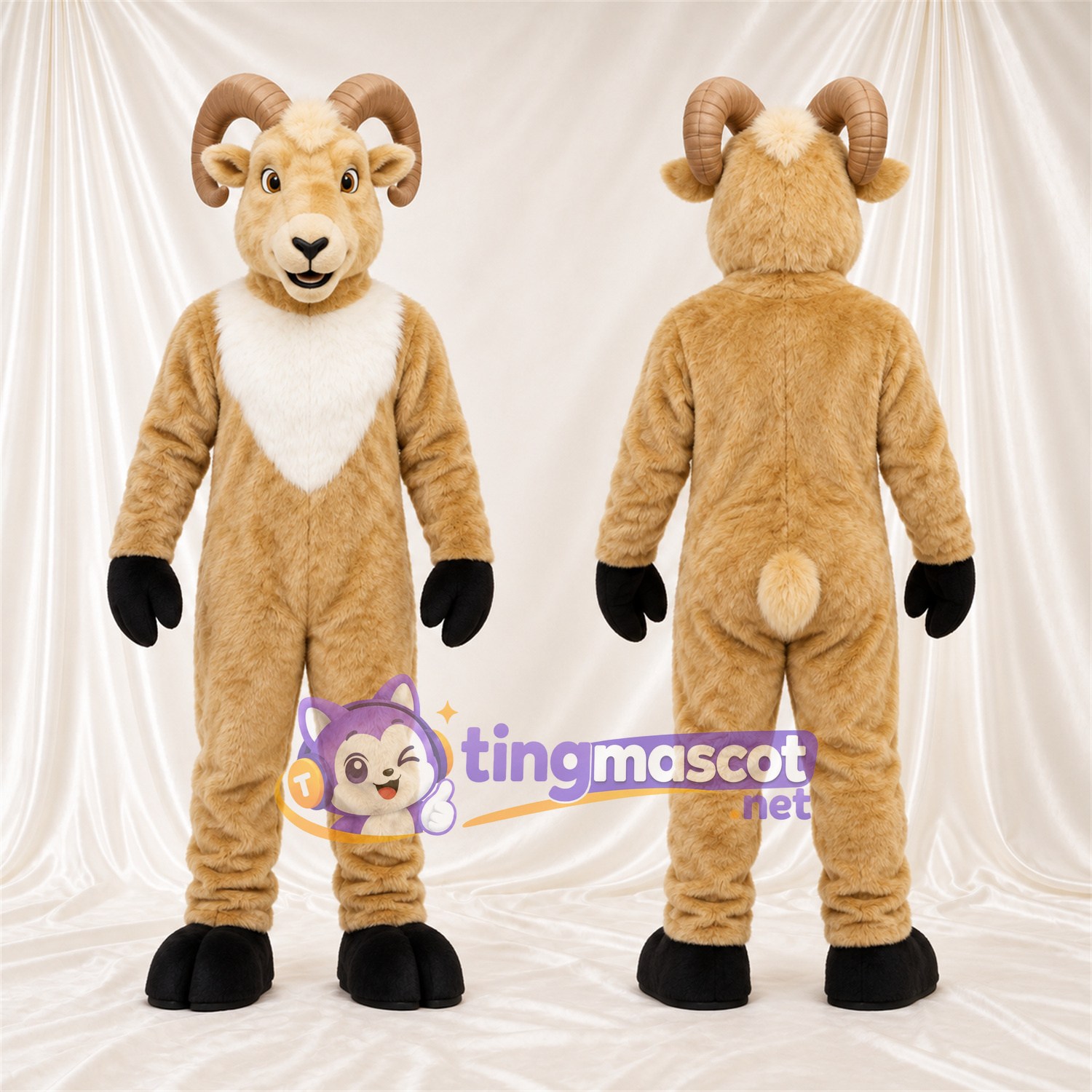 Costume de mascotte Bélier – brun clair – Torse (blanc); Cornes (brun clair) Costume de mascotte Bélier – brun clair – Torse (blanc); Cornes (brun clair)