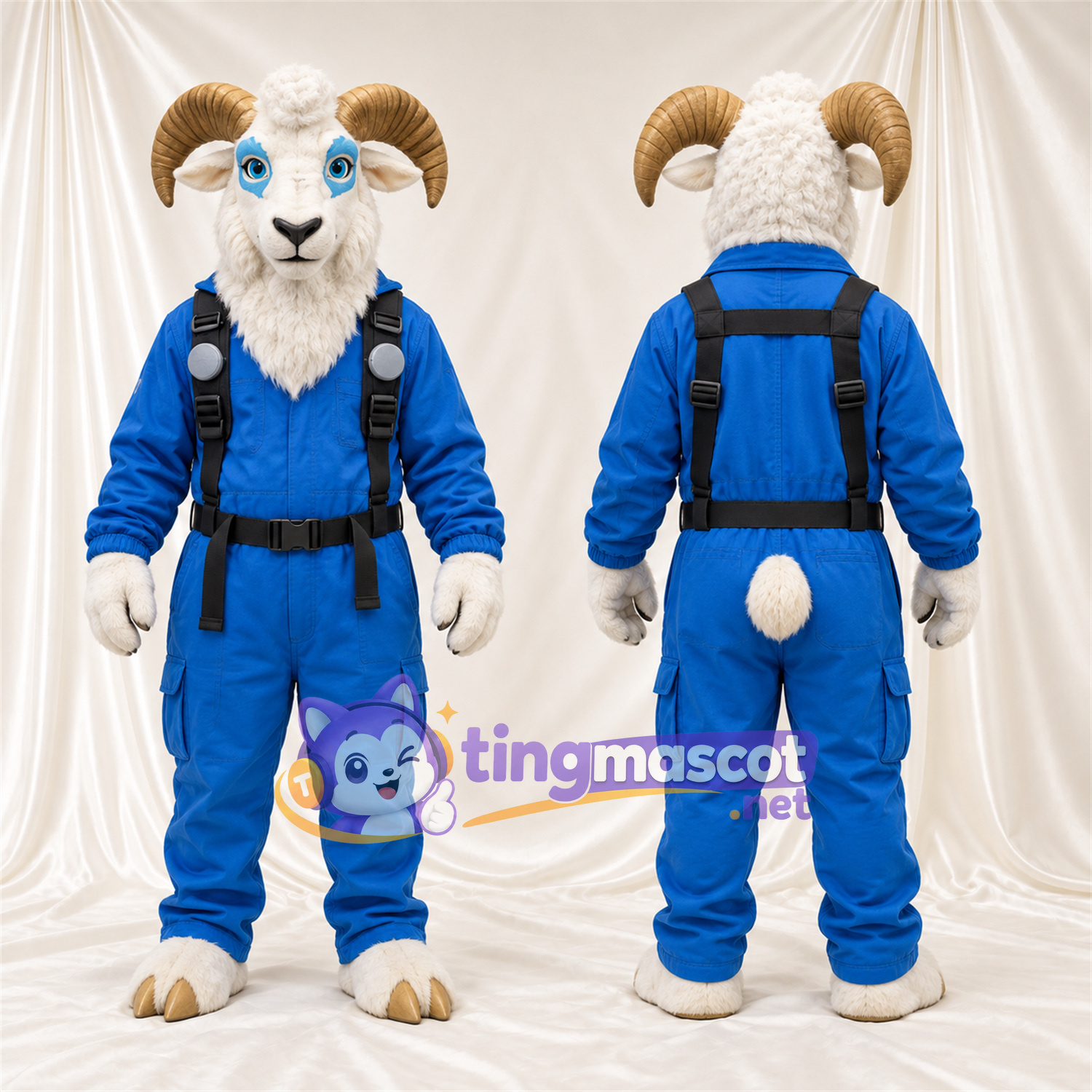 Costume de mascotte Bélier – blanc – Salopette (bleu) Costume de mascotte Bélier – blanc – Salopette (bleu)