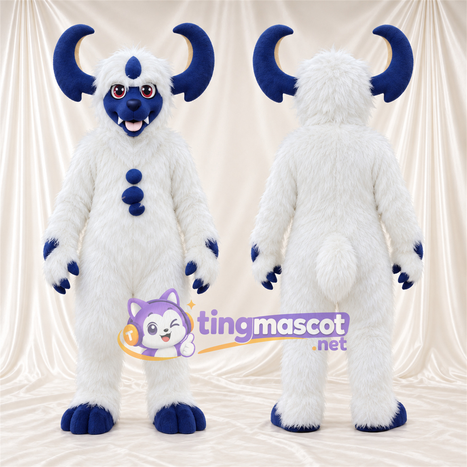 Costume de mascotte Monstre – blanc / bleu – Cornes (bleu) Costume de mascotte Monstre – blanc / bleu – Cornes (bleu)