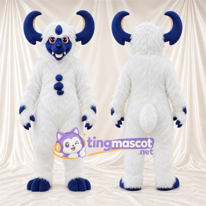Costume de mascotte Monstre – blanc / bleu – Cornes (bleu)