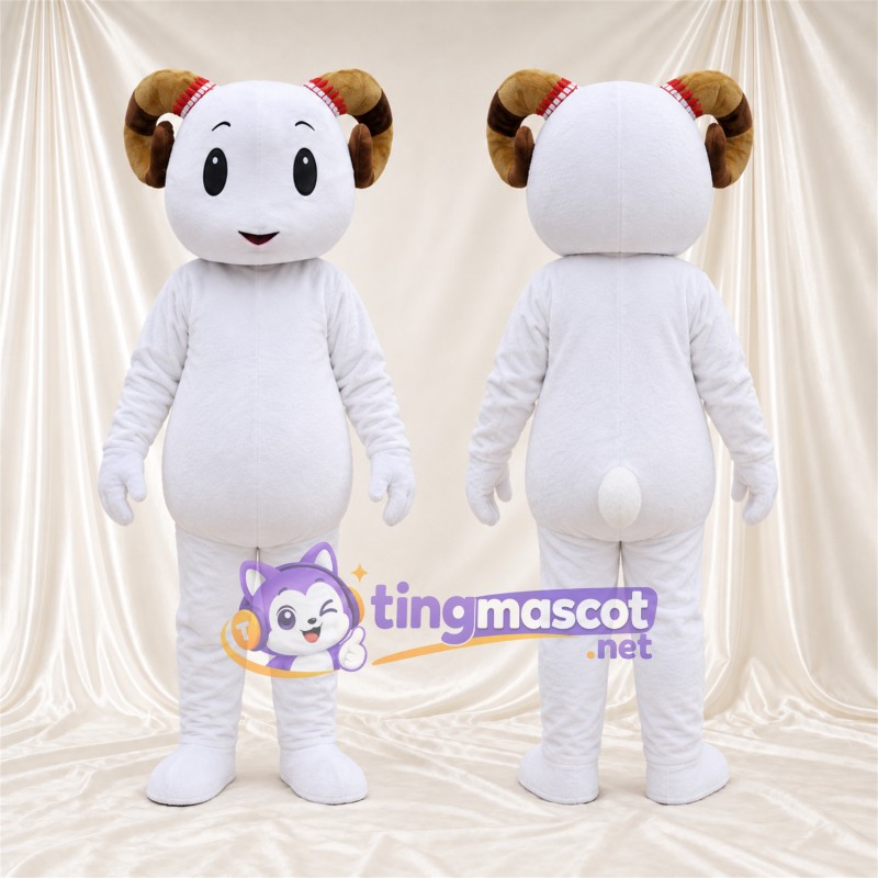 Costume de mascotte Bélier – blanc – Ventre rond; Cornes (marron)