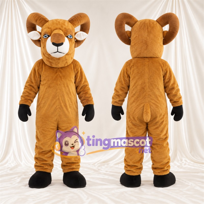 Costume de mascotte Bélier – brun clair – Sabots (noir); Cornes (marron)