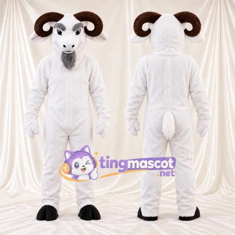 Costume de mascotte Bélier – blanc – Cornes (marron); Barbe (gris)