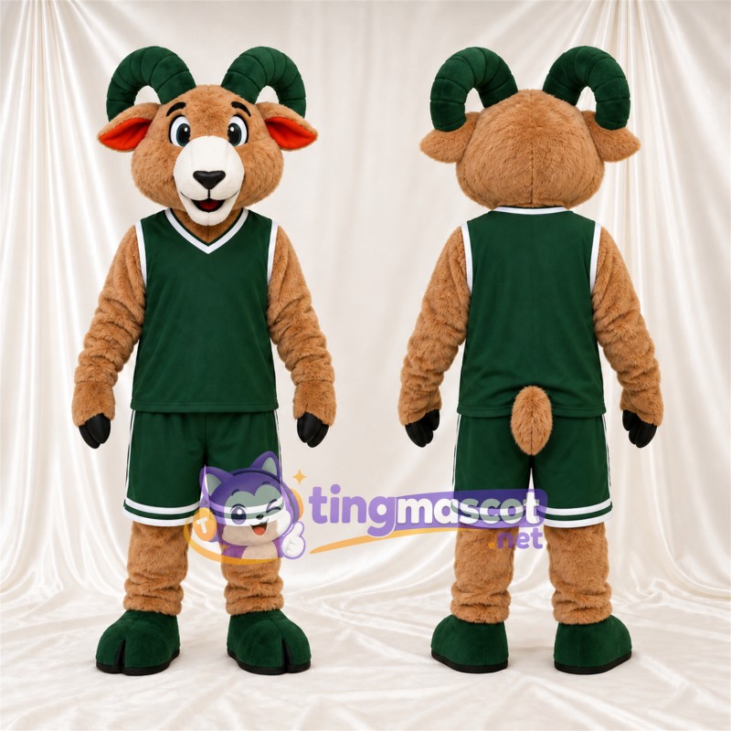 Costume de mascotte Bélier – brun clair – Tenue de basket (vert)