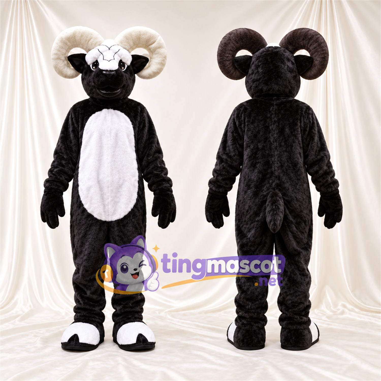 Black and White Ram Mascot Costume - White Belly and Curled White Horns Black and White Ram Mascot Costume - White Belly and Curled White Horns
