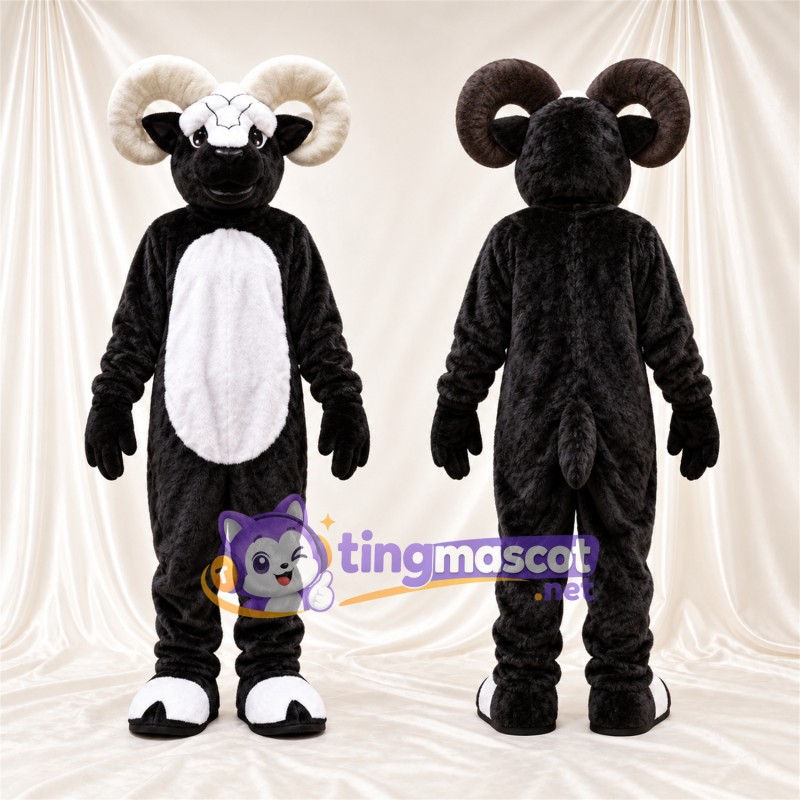 Black and White Ram Mascot Costume - White Belly and Curled White Horns