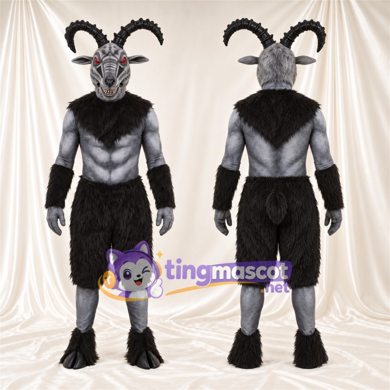 Costume de mascotte Démon chèvre – gris / noir – Cornes courbées