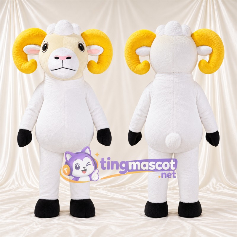 Costume de mascotte Bélier – blanc – Cornes (jaune); Ventre rond