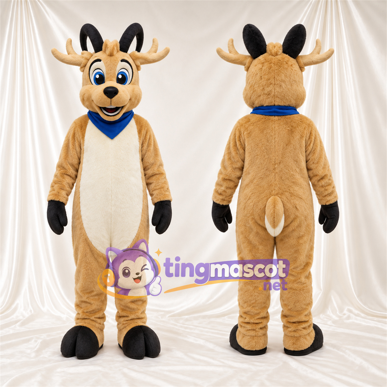 Costume de mascotte Cerf – brun clair – Bois; Bandana (bleu) Costume de mascotte Cerf – brun clair – Bois; Bandana (bleu)