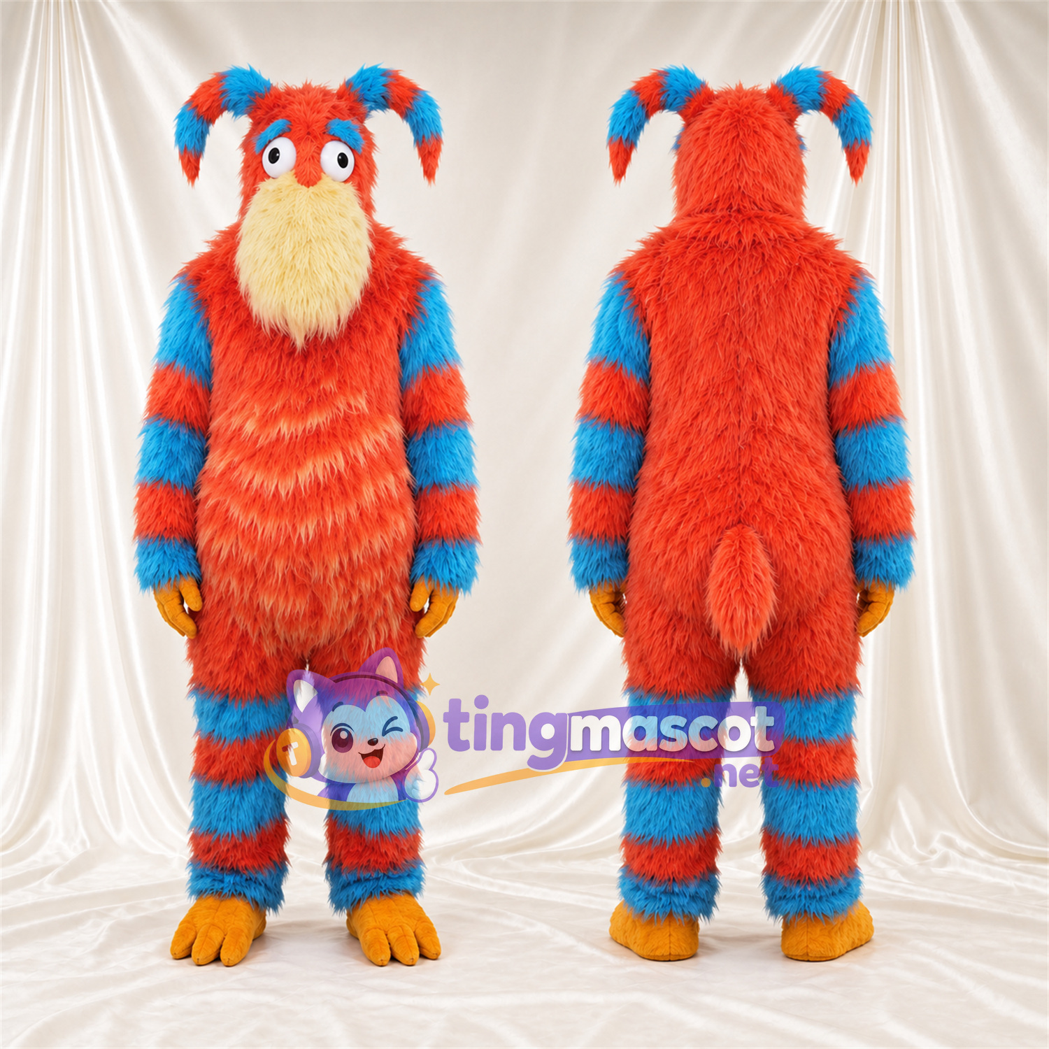 Maskottchenkostüm Monster – rot / blau – Gestreifter Körper; Bart (gelb) Maskottchenkostüm Monster – rot / blau – Gestreifter Körper; Bart (gelb)