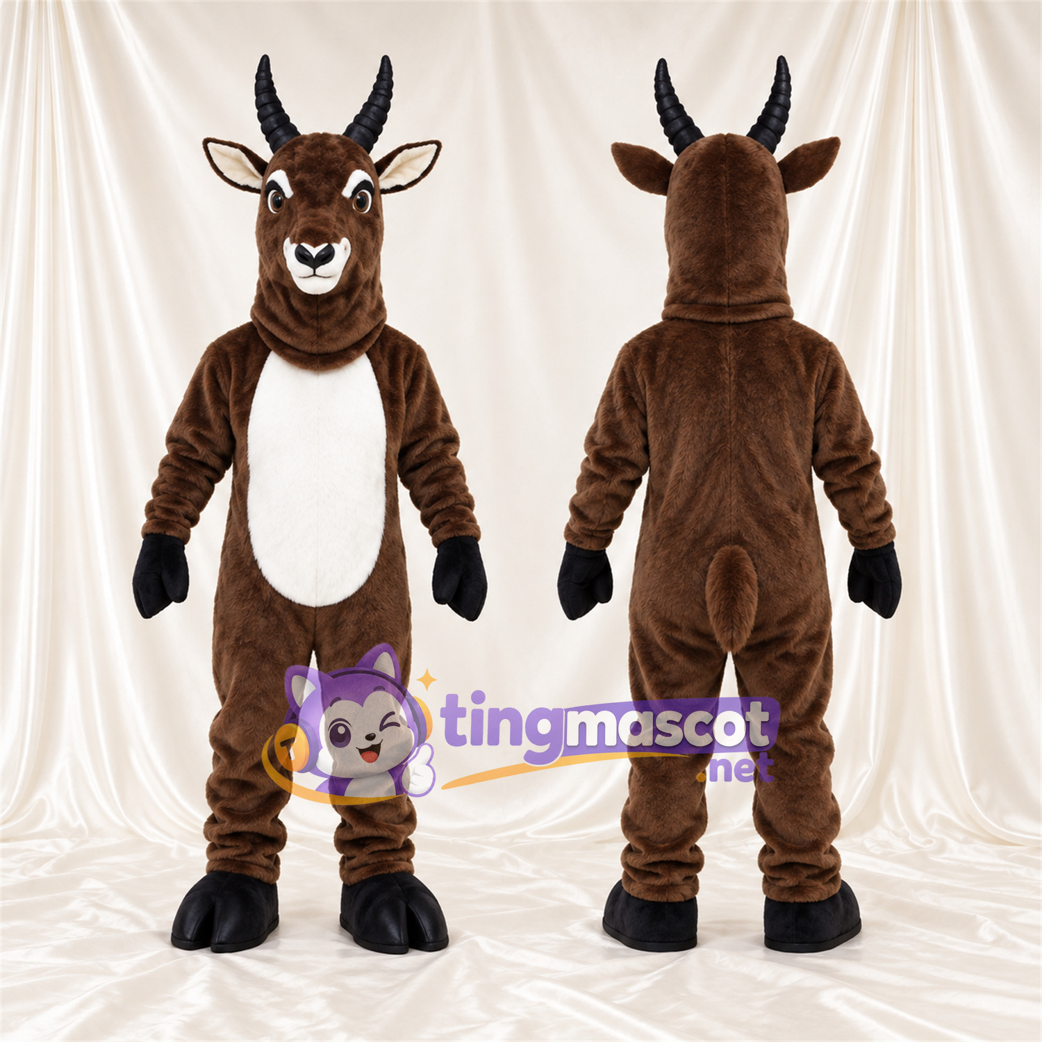 Maskottchenkostüm Antilope – braun – Bauch (weiß); Hörner (schwarz) Maskottchenkostüm Antilope – braun – Bauch (weiß); Hörner (schwarz)