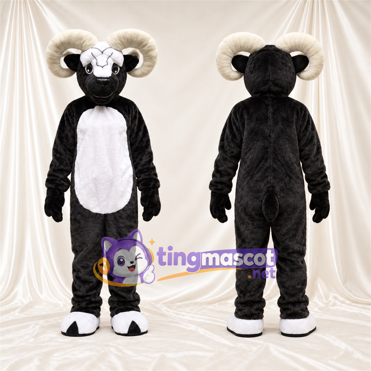 Black and White Ram Mascot Costume - White Belly and Curled Cream Horns Black and White Ram Mascot Costume - White Belly and Curled Cream Horns