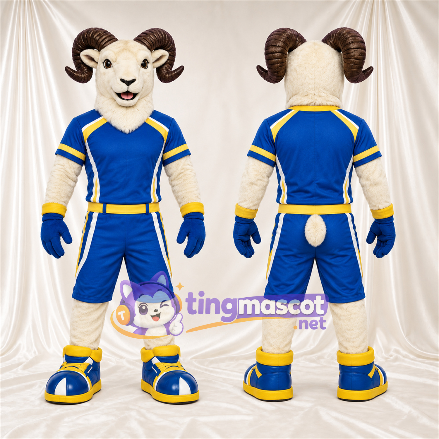 Costume de mascotte Bélier – blanc – Tenue de sport (bleu / jaune) Costume de mascotte Bélier – blanc – Tenue de sport (bleu / jaune)