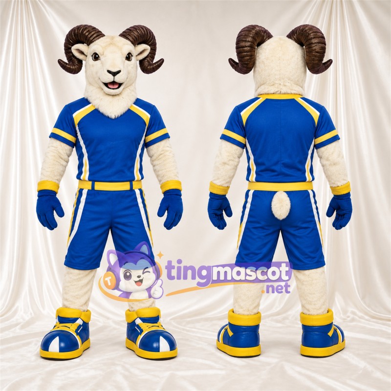 Costume de mascotte Bélier – blanc – Tenue de sport (bleu / jaune)