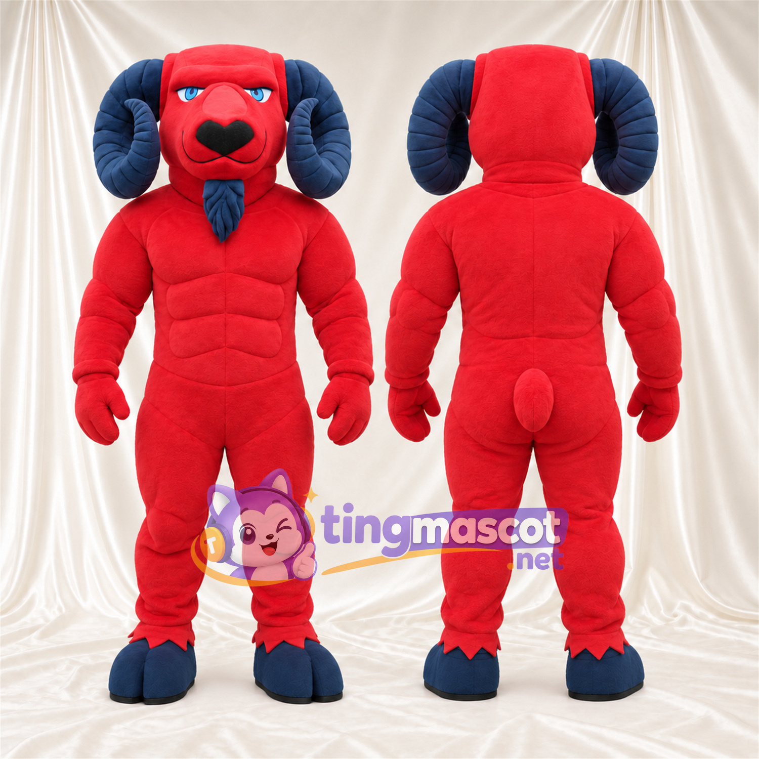 Costume de mascotte Bélier – rouge – Torse musclé; Cornes (bleu marine)