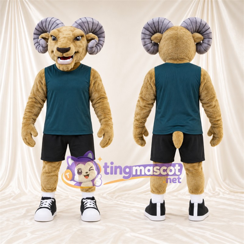 Costume de mascotte Bélier – brun clair – Chemise (bleu canard); Short (noir)