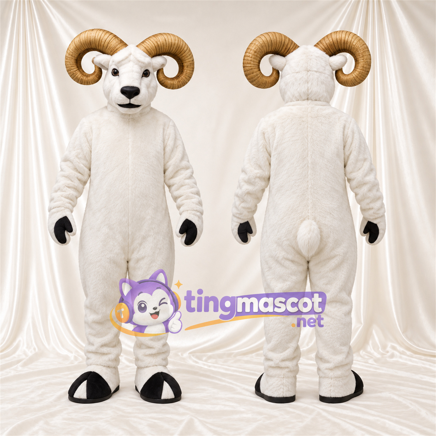 Costume de mascotte Bélier – blanc – Cornes (brun clair); Gants (noir) Costume de mascotte Bélier – blanc – Cornes (brun clair); Gants (noir)