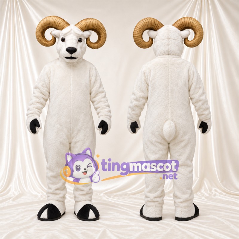 Costume de mascotte Bélier – blanc – Cornes (brun clair); Gants (noir)