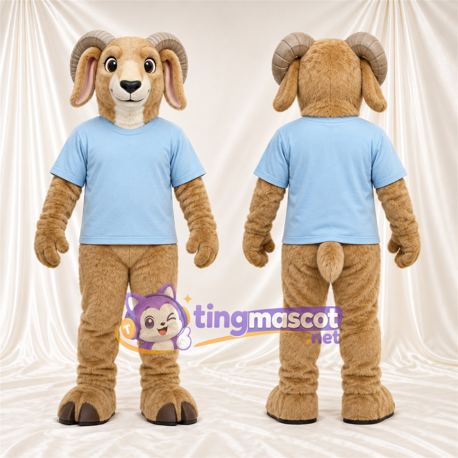 Costume de mascotte Bélier – brun clair – Chemise (bleu clair) Costume de mascotte Bélier – brun clair – Chemise (bleu clair)