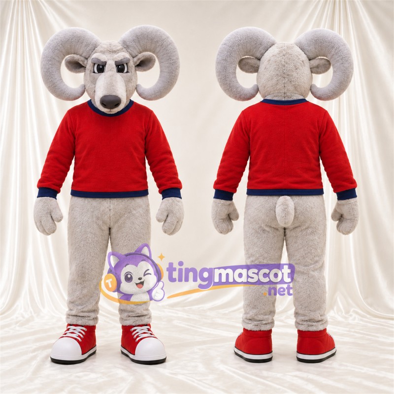 Costume de mascotte Bélier – gris – Pull (rouge); Pantalon (beige)