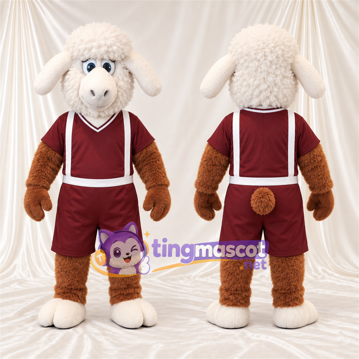 Brown and White Sheep Mascot Costume - Burgundy Sports Uniform Brown and White Sheep Mascot Costume - Burgundy Sports Uniform