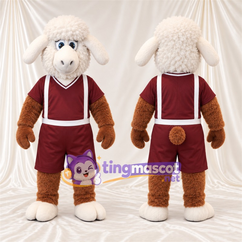 Brown and White Sheep Mascot Costume - Burgundy Sports Uniform