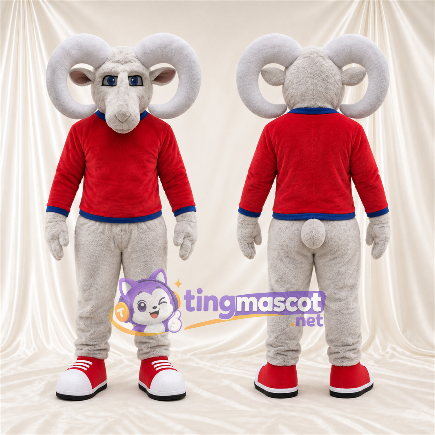 Costume de mascotte Bélier – gris – Pull (rouge); Pantalon (beige) Costume de mascotte Bélier – gris – Pull (rouge); Pantalon (beige)