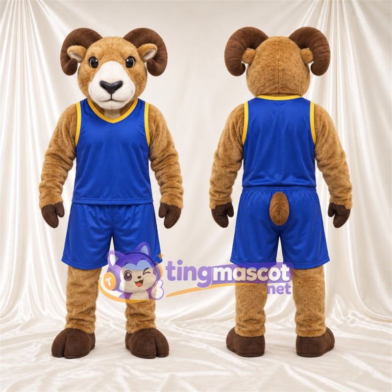 Costume de mascotte Bélier – brun clair – Tenue de basket (bleu)