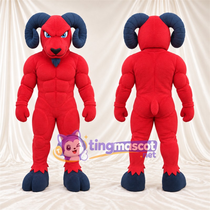 Costume de mascotte Bélier – rouge – Cornes (bleu marine); Sourcils inclinés
