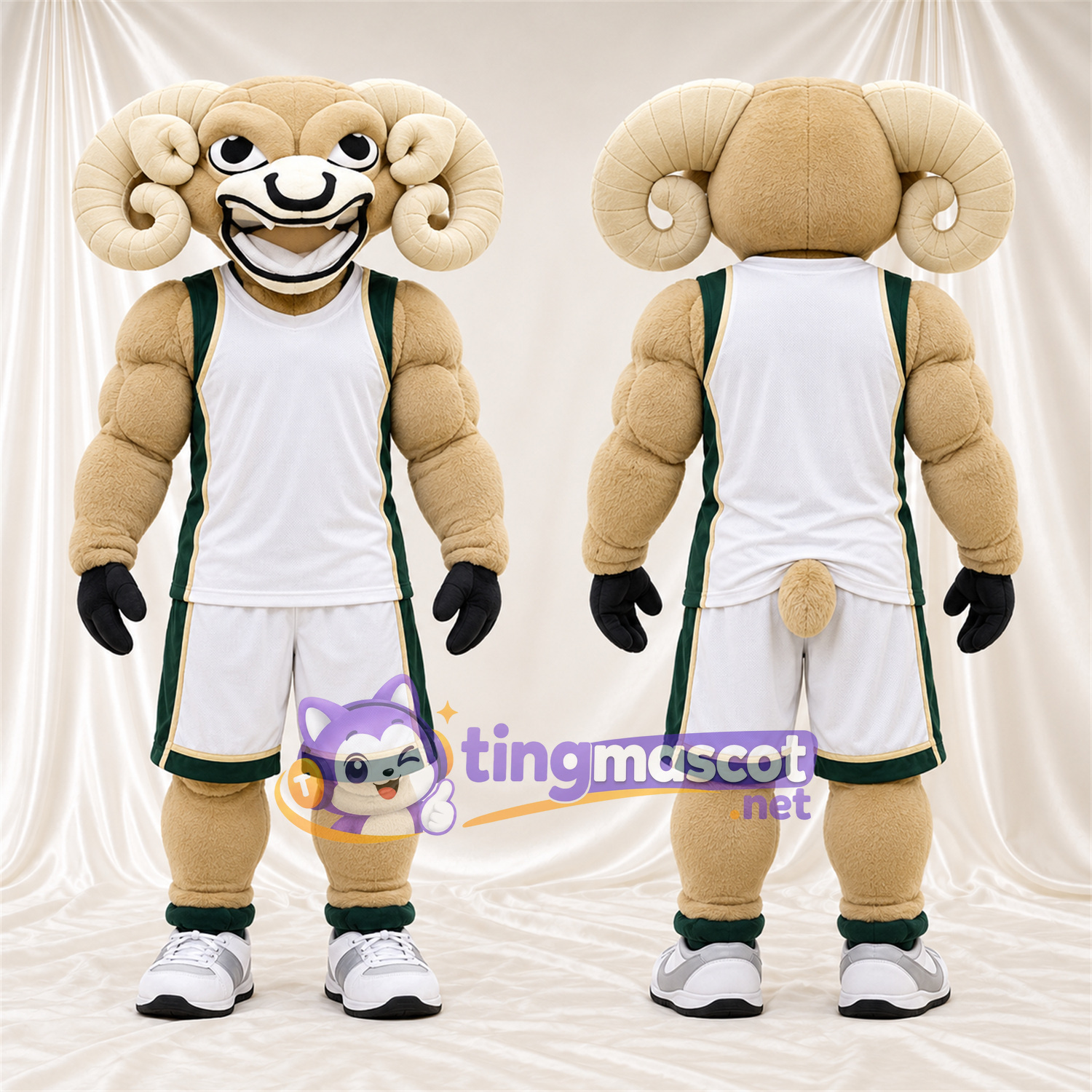 Costume de mascotte Bélier – crème – Tenue de basket (blanc / vert) Costume de mascotte Bélier – crème – Tenue de basket (blanc / vert)