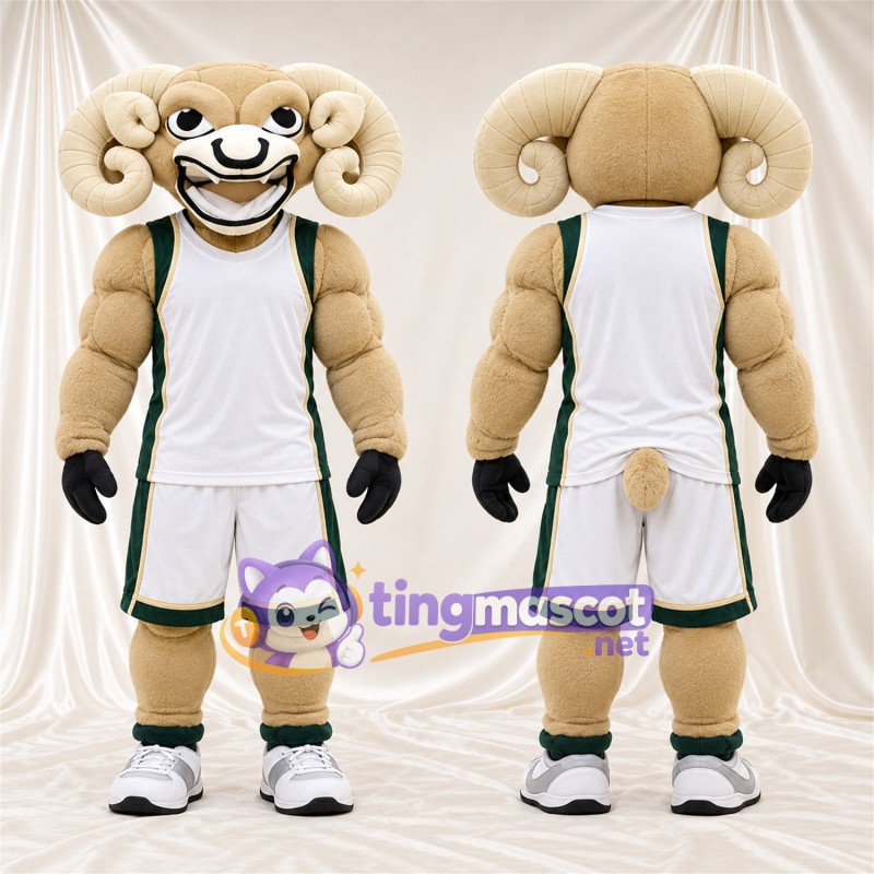Costume de mascotte Bélier – crème – Tenue de basket (blanc / vert)
