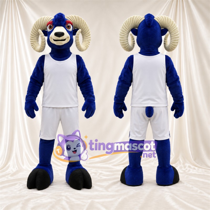 Costume de mascotte Bélier – bleu – Tenue de basket (blanc)