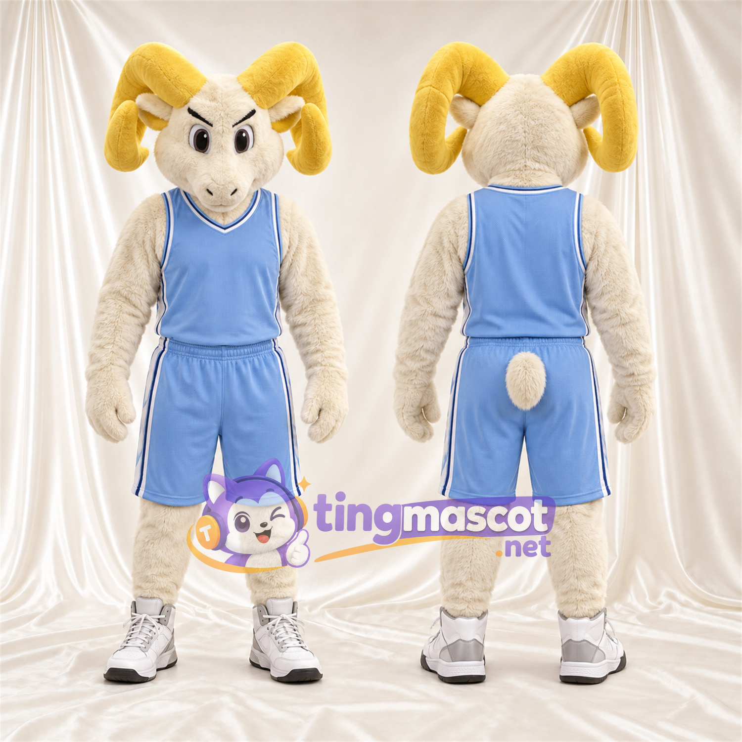 Costume de mascotte Bélier – crème – Tenue de basket (bleu) Costume de mascotte Bélier – crème – Tenue de basket (bleu)
