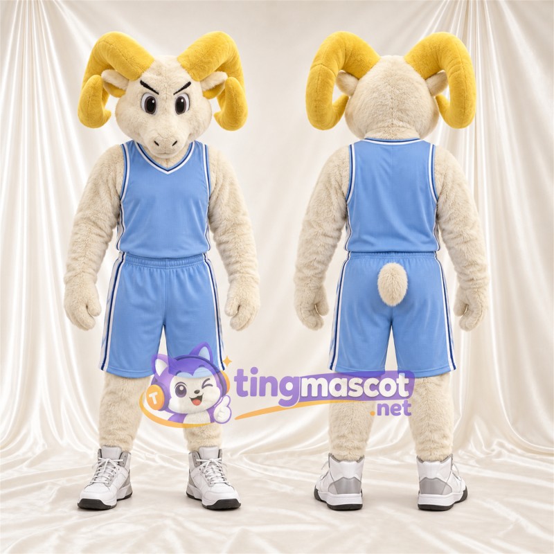 Costume de mascotte Bélier – crème – Tenue de basket (bleu)