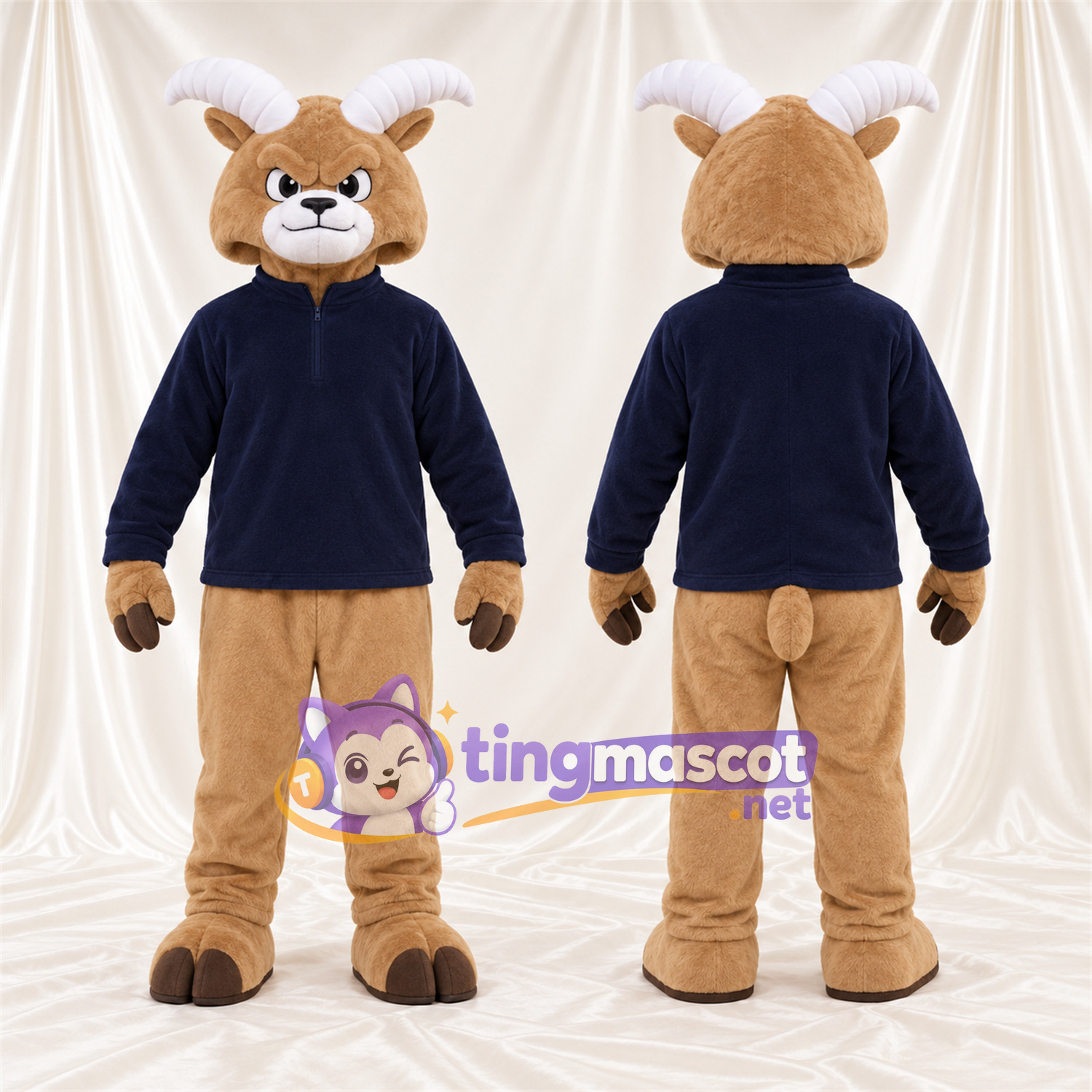 Costume de mascotte Bélier – brun clair – Pull (bleu marine) Costume de mascotte Bélier – brun clair – Pull (bleu marine)