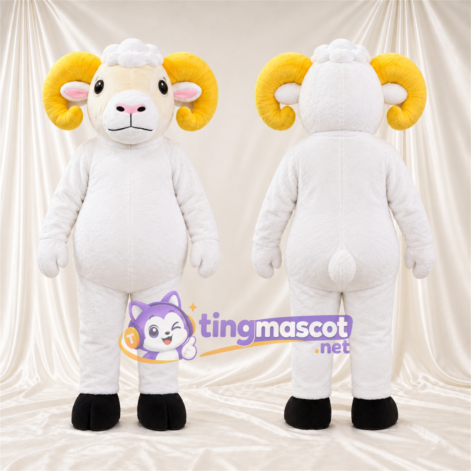 Costume de mascotte Bélier – blanc – Ventre rond; Cornes (jaune) Costume de mascotte Bélier – blanc – Ventre rond; Cornes (jaune)