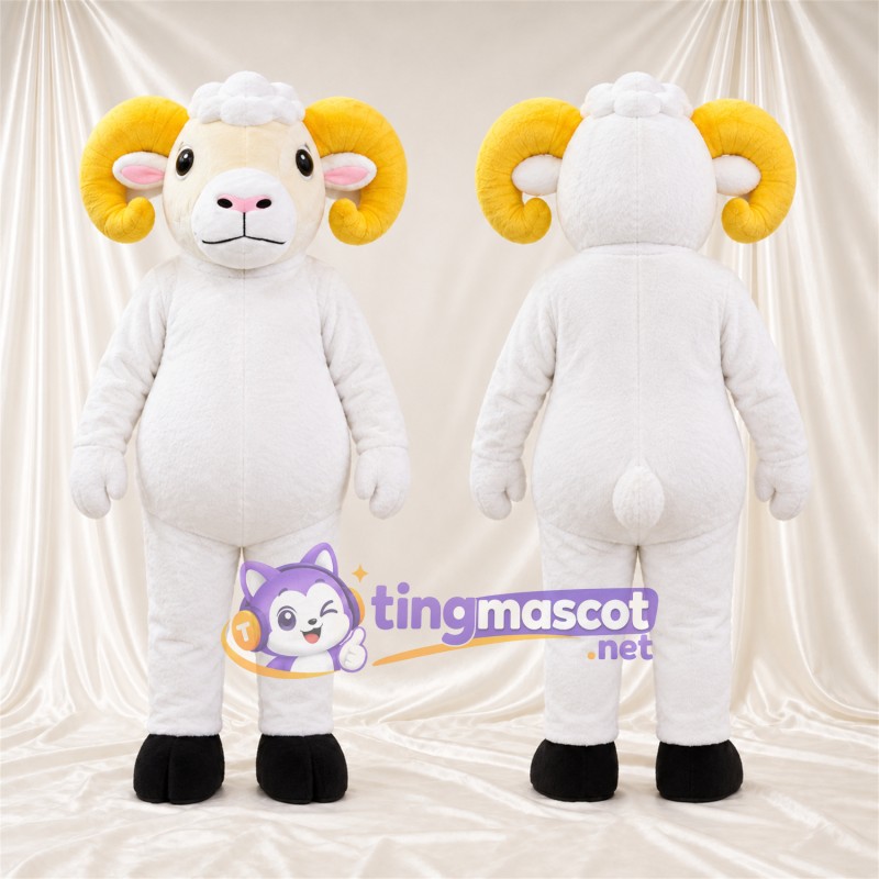 Costume de mascotte Bélier – blanc – Ventre rond; Cornes (jaune)