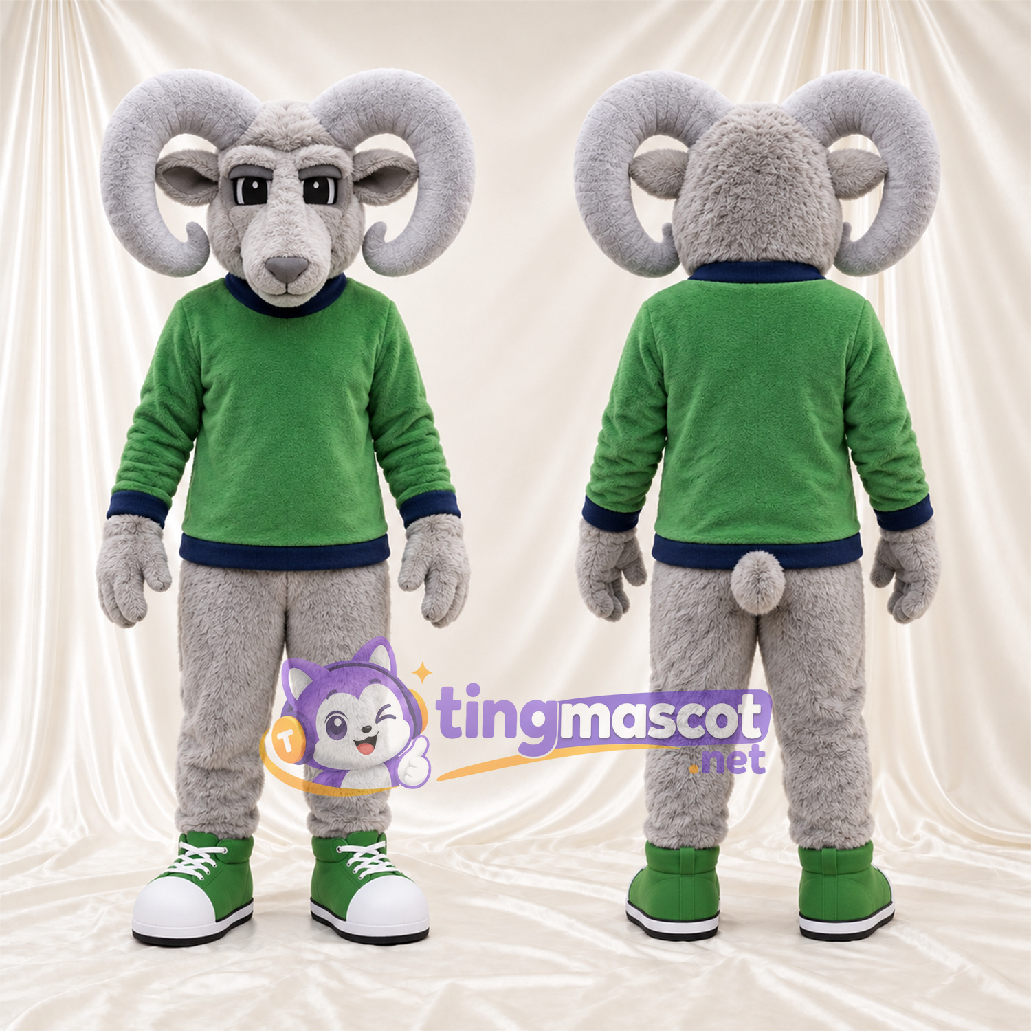 Costume de mascotte Bélier – gris – Pull (vert) Costume de mascotte Bélier – gris – Pull (vert)