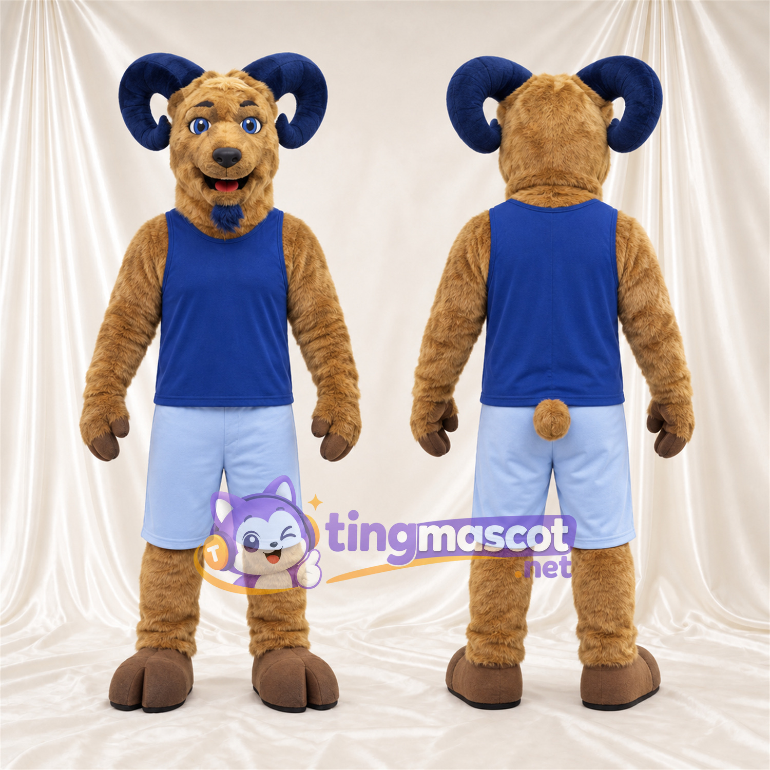 Costume de mascotte Bélier – brun clair – Chemise (bleu); Cornes (bleu marine) Costume de mascotte Bélier – brun clair – Chemise (bleu); Cornes (bleu marine)