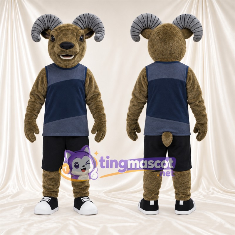 Costume de mascotte Bélier – brun clair – Chemise (bleu marine); Short (noir)