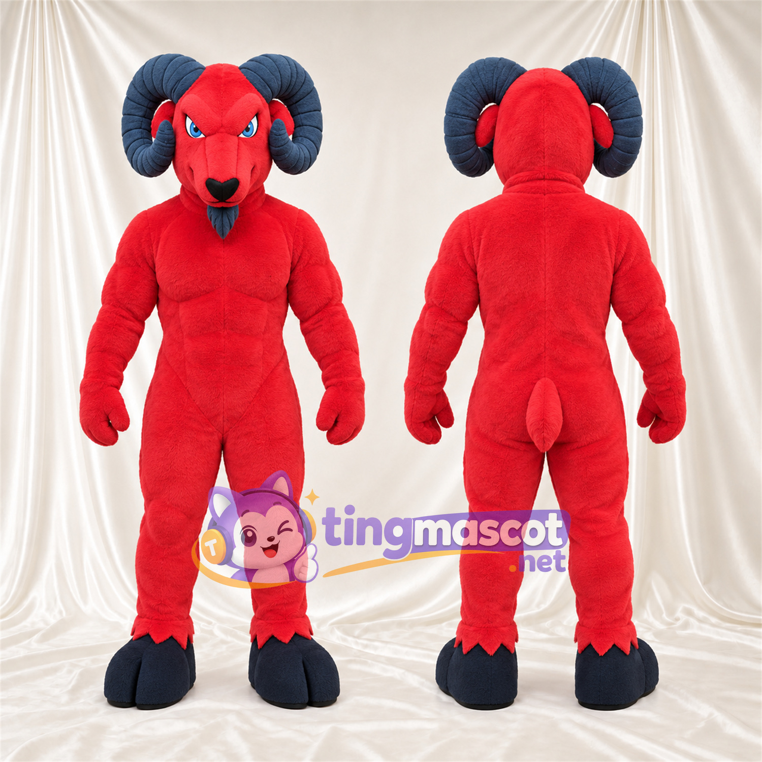 Costume de mascotte Bélier – rouge – Cornes (bleu marine); Sabots (bleu) Costume de mascotte Bélier – rouge – Cornes (bleu marine); Sabots (bleu)