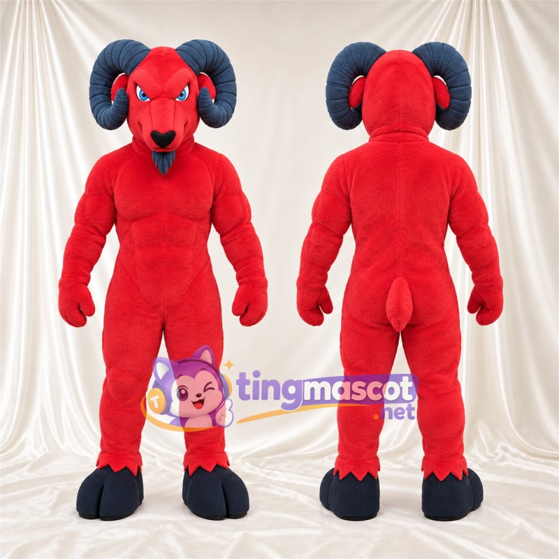 Costume de mascotte Bélier – rouge – Cornes (bleu marine); Sabots (bleu)