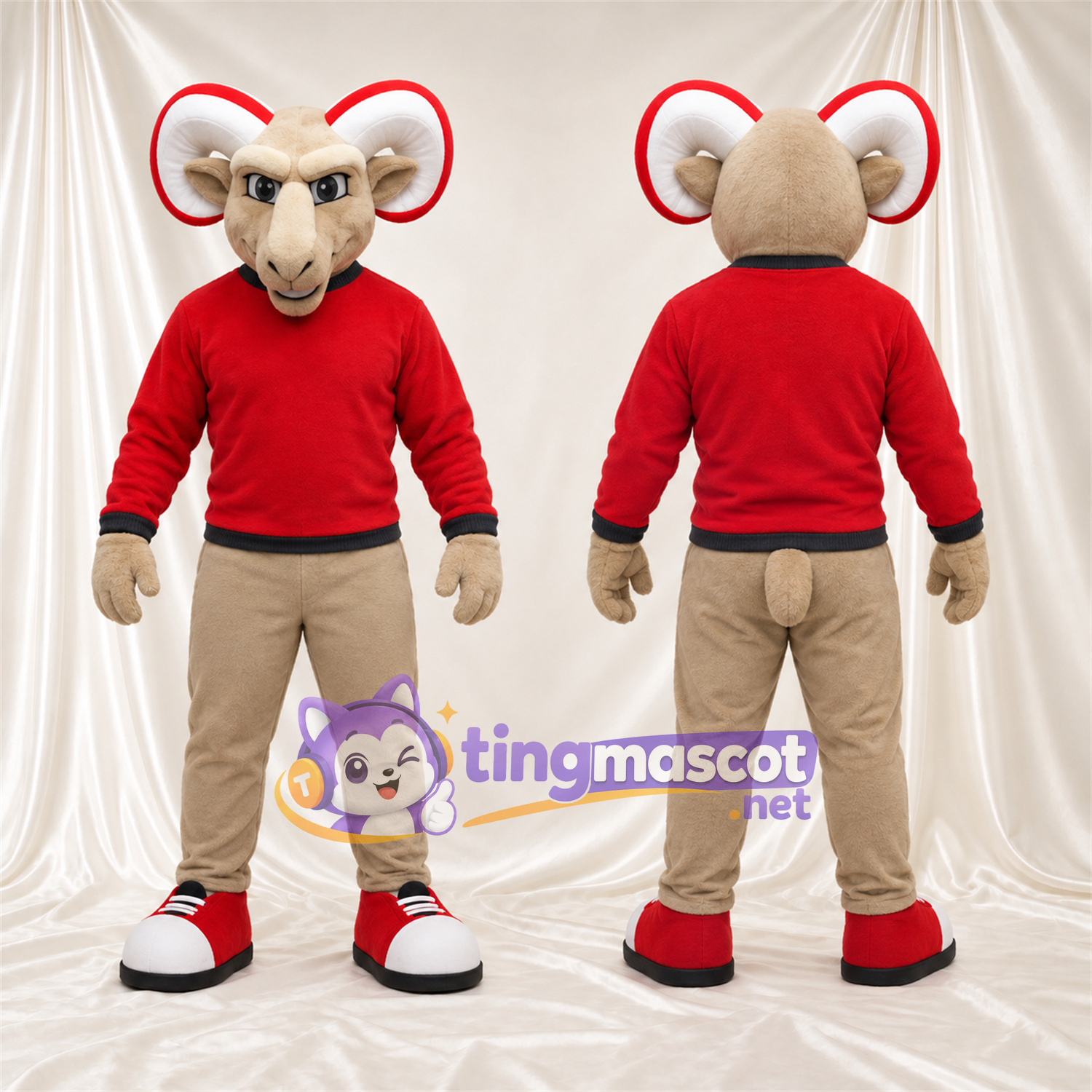 Costume de mascotte Bélier – brun clair – Pull (rouge); Pantalon (beige) Costume de mascotte Bélier – brun clair – Pull (rouge); Pantalon (beige)